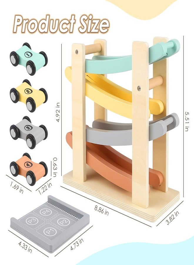 Joyreal Montessori Toys for 1 2 Year Old Boys and Girls - Soft Color Wooden Car Ramp Race Track Set with 4 Mini Cars & Garage - Christmas Birthday Gifts for Toddlers 1-3 Year Old - Image 2